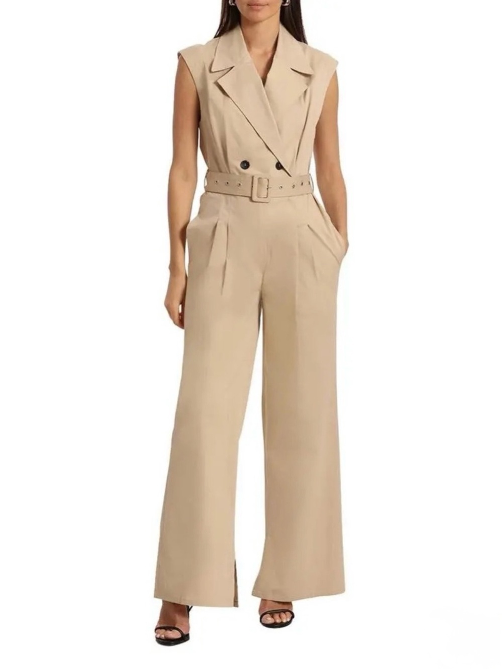 Avec Les Filles Sleeveless Double-Breasted Wide-Leg Jumpsuit in Beige - Size XS